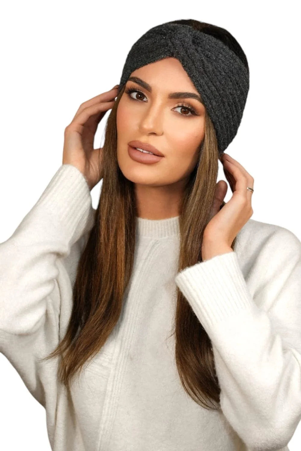 Kamea bandeau tricot torsadé anthracite turban twist frontal large couvrant maille épaisse douce extensible alpaga laine premium ajusté