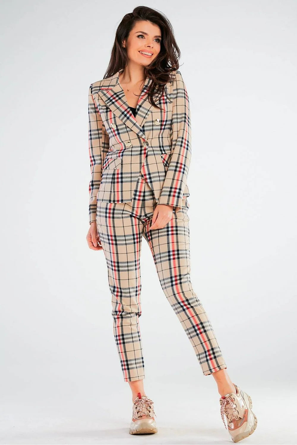 pantalon femme taille ajustable coupe ajustée cigarette cheville motifs carreaux beige marron noir tissu structuré confortable extensible polyester viscose élasthanne