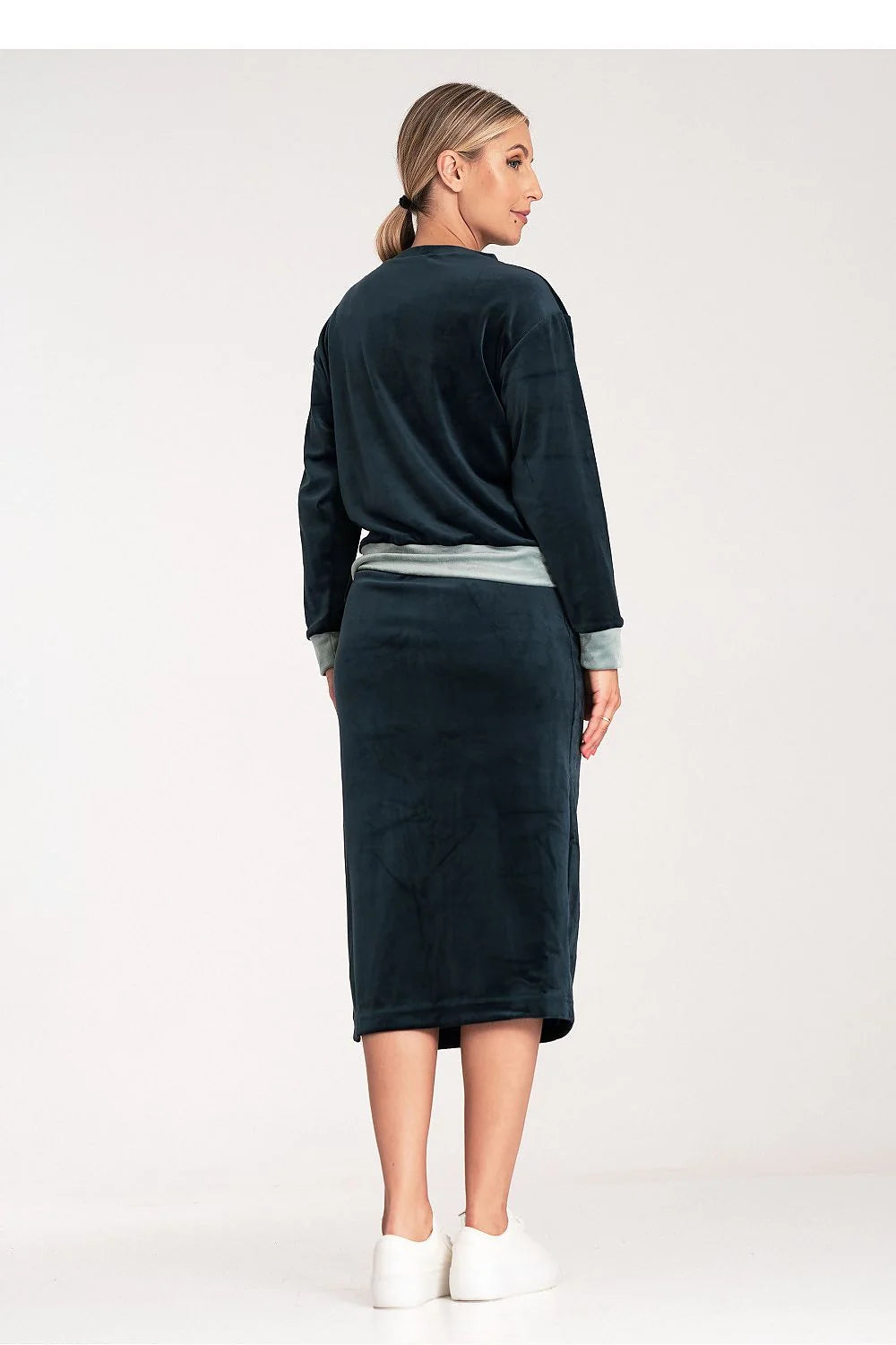 Ensemble femme velours chemisier manches longues jupe crayon fente poche contrast taille élastique mode confort