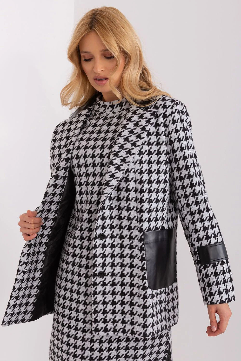 Veste pour femme manches longues col matelassé motif pied-de-poule cuir écologique tissu péplum polyvalente S/M L/XL