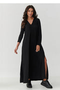 robe maxi viscose élasthanne manches longues encolure V fentes latérales coupe évasée confortable respirante jersey longueur cheville