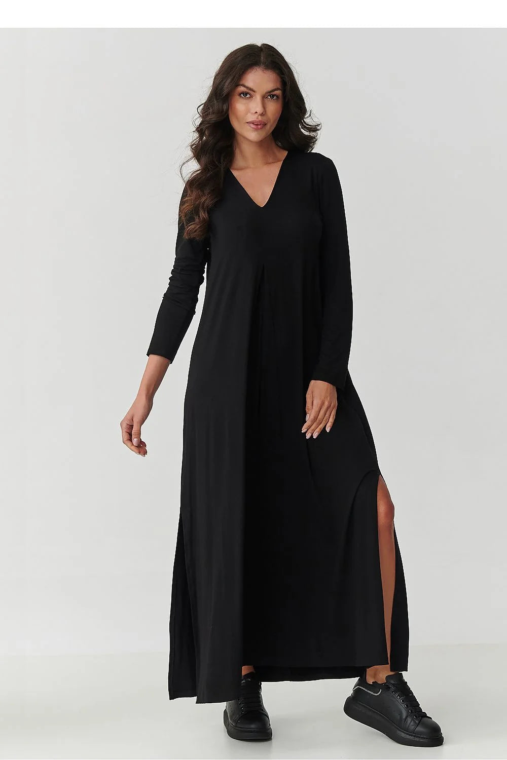 robe maxi viscose élasthanne manches longues encolure V fentes latérales coupe évasée confortable respirante jersey longueur cheville