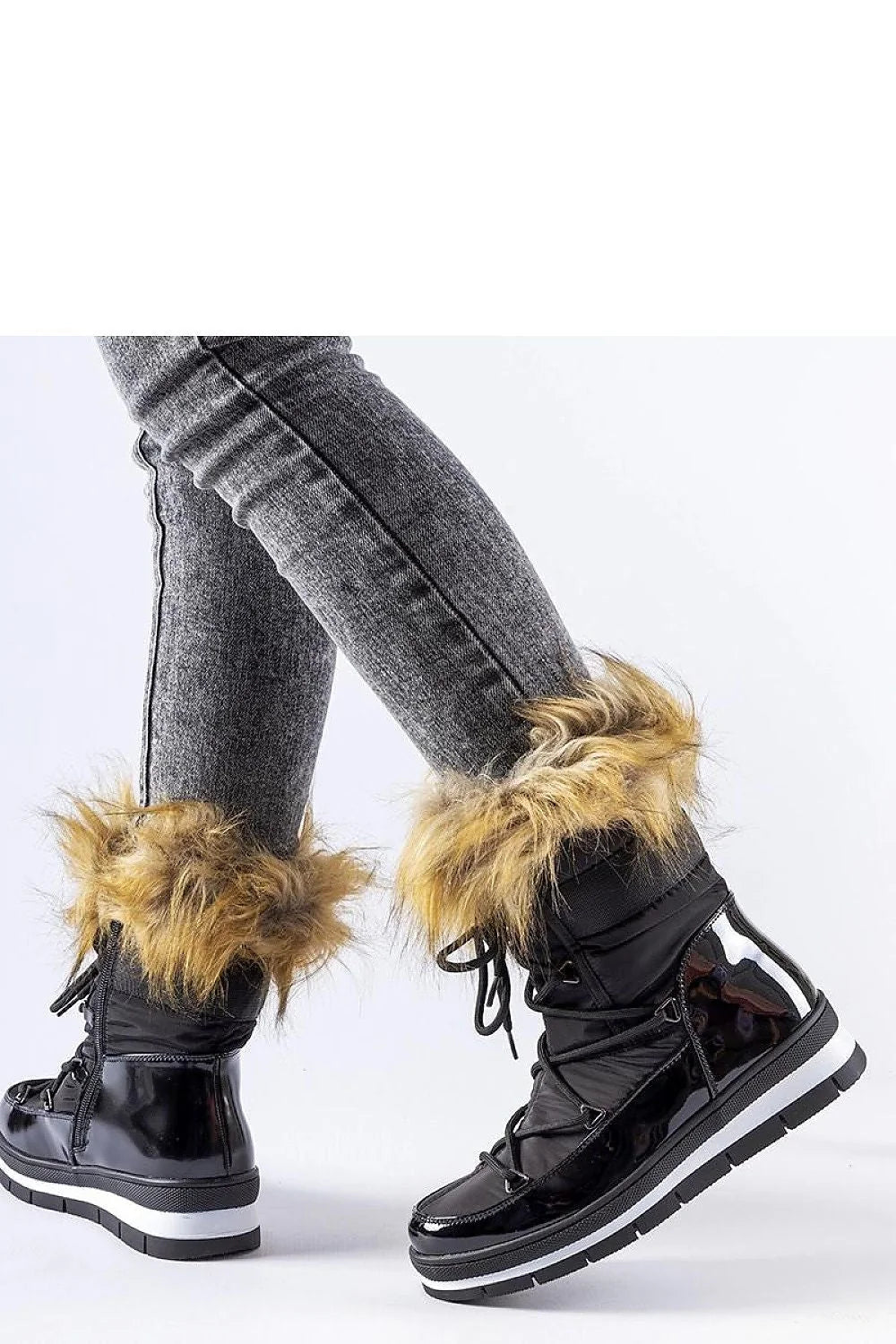 Bottes d'hiver en simili cuir noir brillant pour femmes modernes avec fausse fourrure confortable élégante