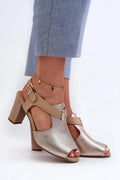 Sandales pour femme en cuir texturé rose doré, talon carré haut, bride ajustable, style élégant, occasions formelles, confortables