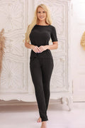 pyjama femme viscose extensible noir pantalon long taille élastique deux poches chemisier manches courtes dentelle encolure délicate cadeau