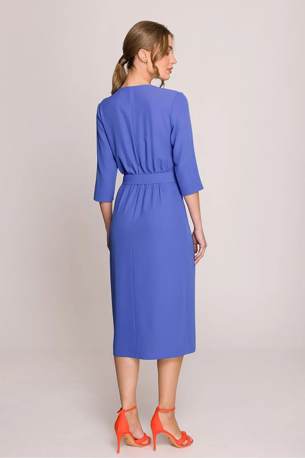 Robe midi élégante bleu vif décolleté en V manches 3/4 ceinture nouée tissu synthétique fente devant polyvalente femme