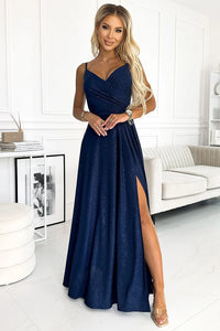 Robe bustier longue bleu marine scintillante coupe évase col cœur croisé fente haute tailles soirée mariage fini dentelle