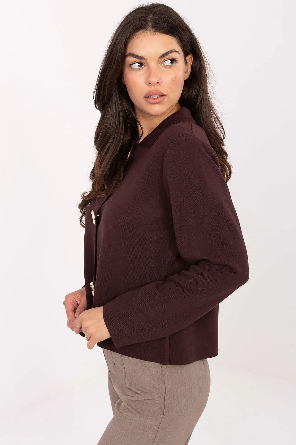 cardigan femme maille fine prune bordeaux coupe droite courte col chemisier manches longues viscose nylon douce boutons bijoux dorés sculptés