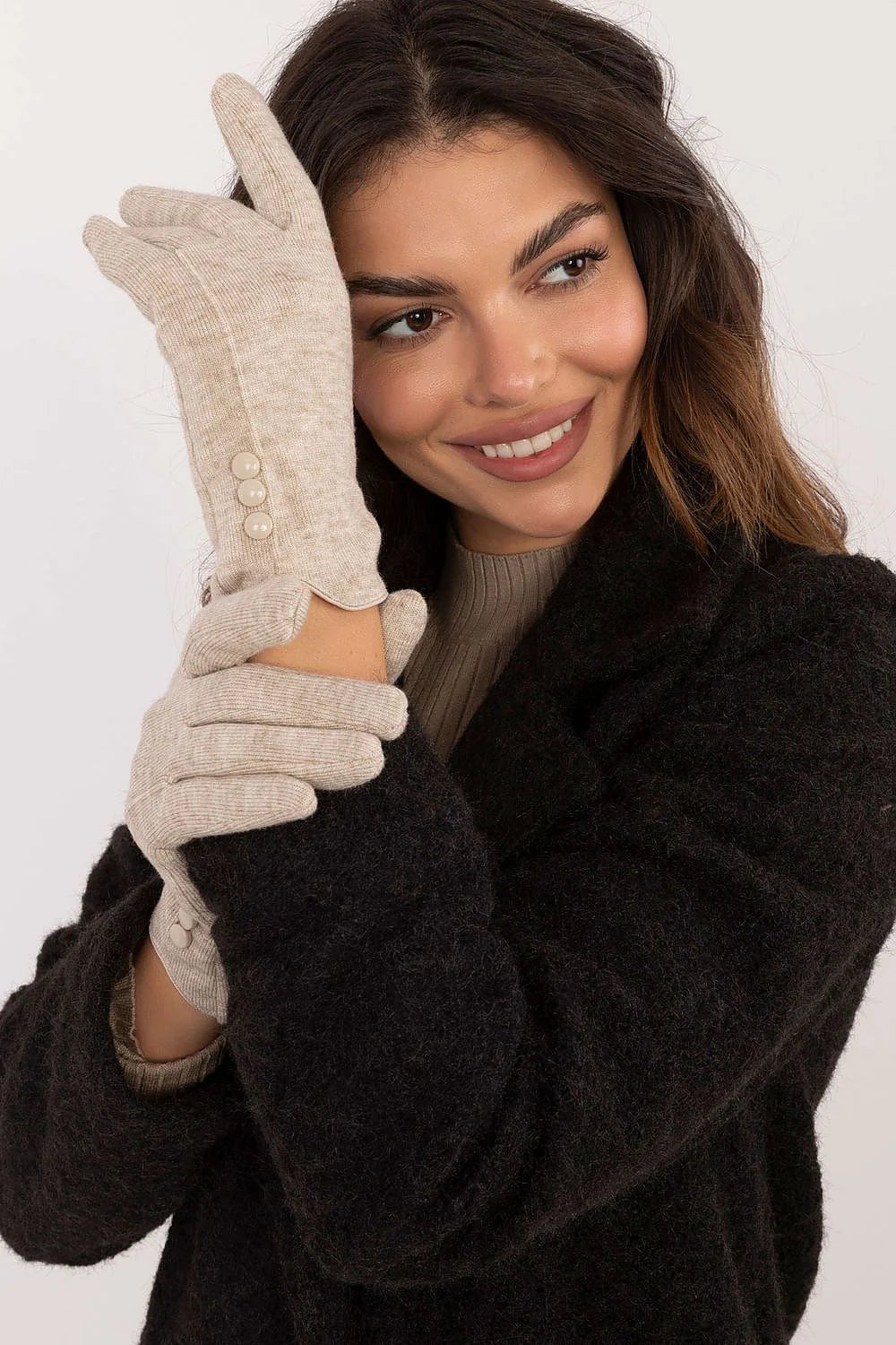 Gants élégants pour femme en beige clair, tricot, boutons décoratifs, style intemporel, idéal pour l'automne-hiver, manches longues, doux, confortable, cadeau inclut