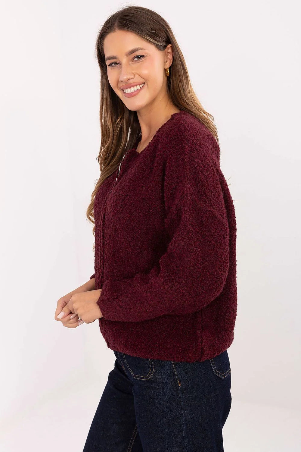 gilet zippé femme maille bouclette teddy bordeaux pelucheux col rond fermeture métal apparente manches longues coupe droite courte cocooning
