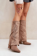 Bottes à talons carrés en suède beige clair pour femme, design élégant, coupe mi-mollet, broderie en forme de flamme, semelle en gomme marron, confort quotidien