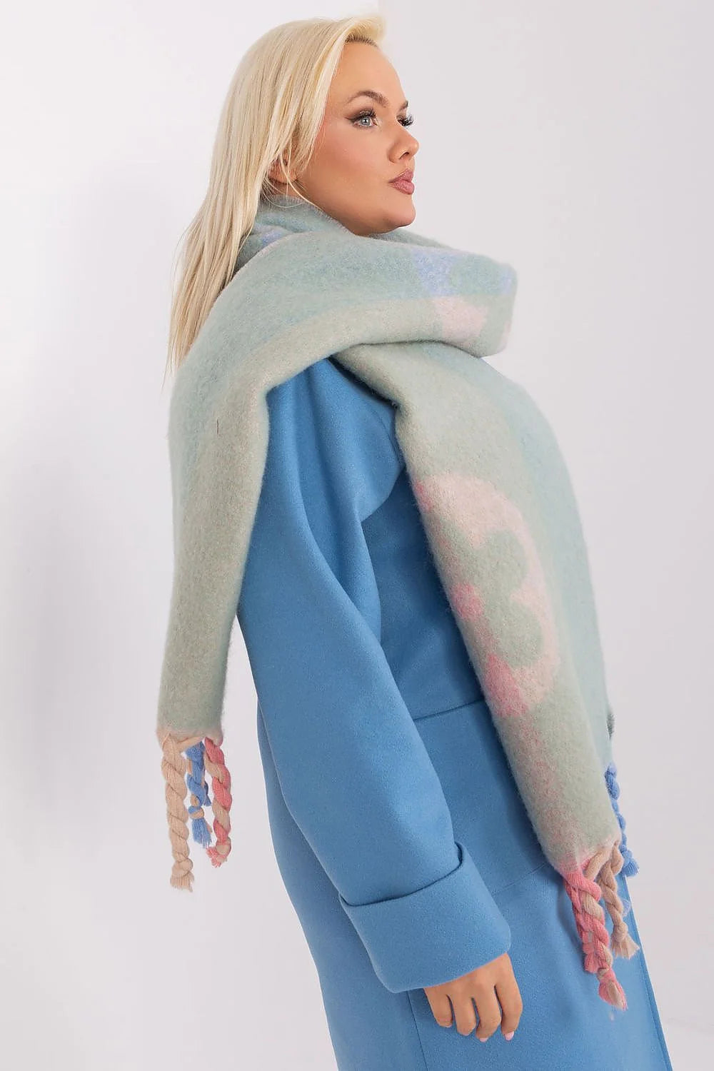 Écharpe et manteau pour femme en laine bleu clair et vert pâle, style élégant, coupe droite, manches longues, poches intégrées, franges tressées, automne-hiver