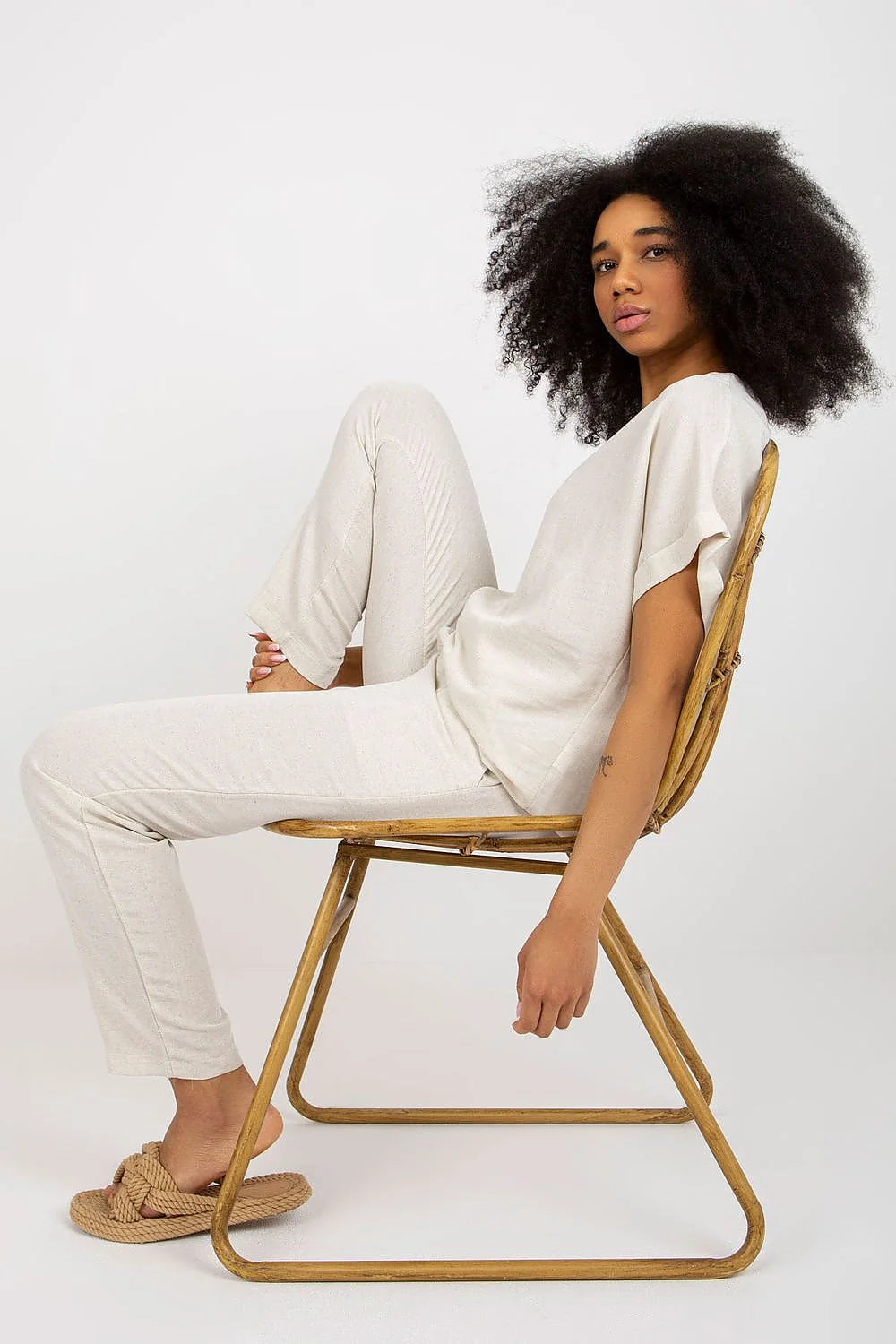 Ensemble Rue Paris été élégant décontracté femmes crème coton lin viscose manches courtes encolure ronde pantalon droit
