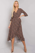 robe femme boho cache coeur décolleté plongeant manches trois quarts volants asymétrique ourlet ceinture nouée latérale imprimé floral brun noir