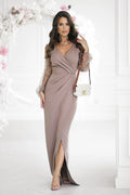 Robe longue élégante pour soirée manches paillettes décolleté cœur fente jambe doublée fermeture éclair femme