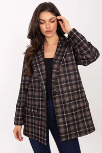 blazer femme carreaux oversize coupe droite col tailleur boutonné marron foncé beige effet flanelle manches longues doublée épaulettes cousues
