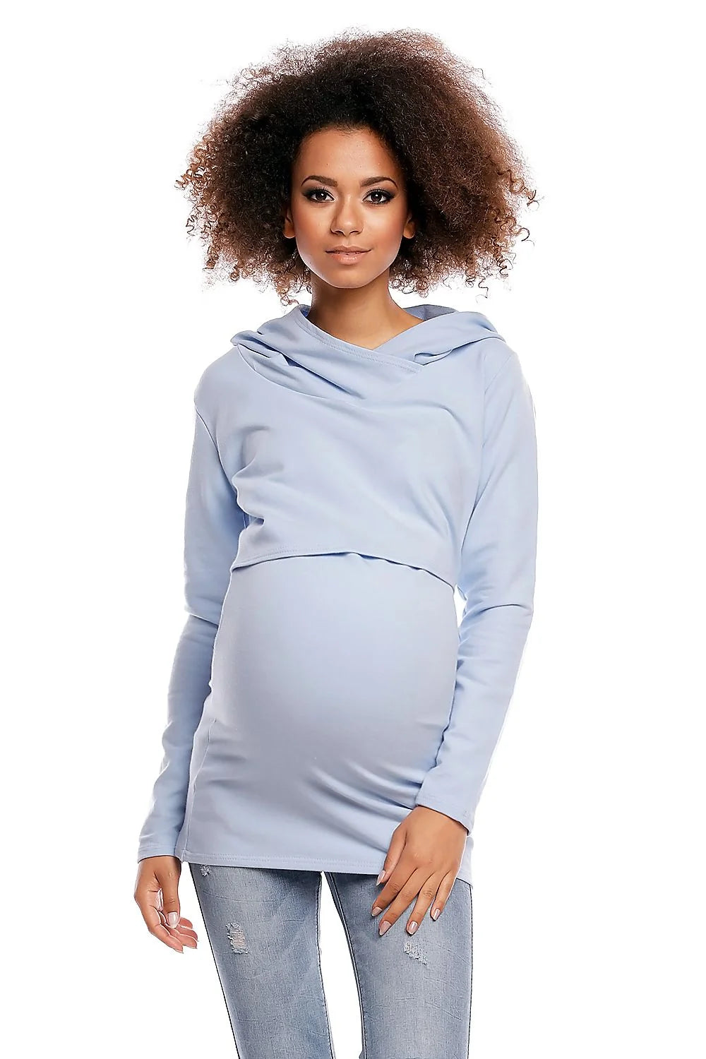 Sweatshirt maternité coton col drapé élégant confortable bleu clair pour futures mamans mode pratique
