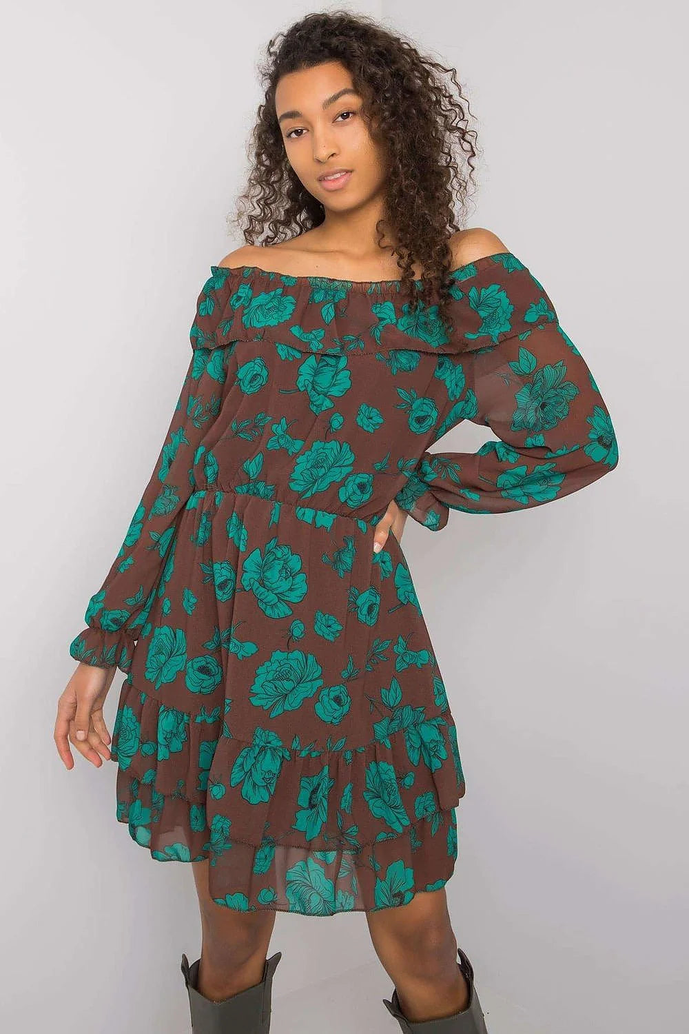 Robe de jour Italy Moda style espagnol décolleté Bardot manches longues élasthanne polyester viscose taille universelle 85 cm 92 cm