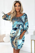 Robe de jour moderne audacieuse marbrée bleu noir doré blanc manches longues liens ajustables tour de taille