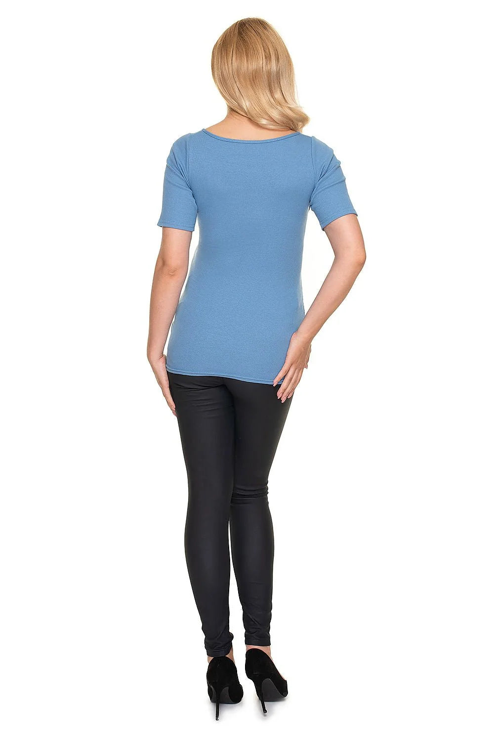 Chemisier maternité coton bleu ajusté pour confort allaitement mode casual femme enceinte élégante