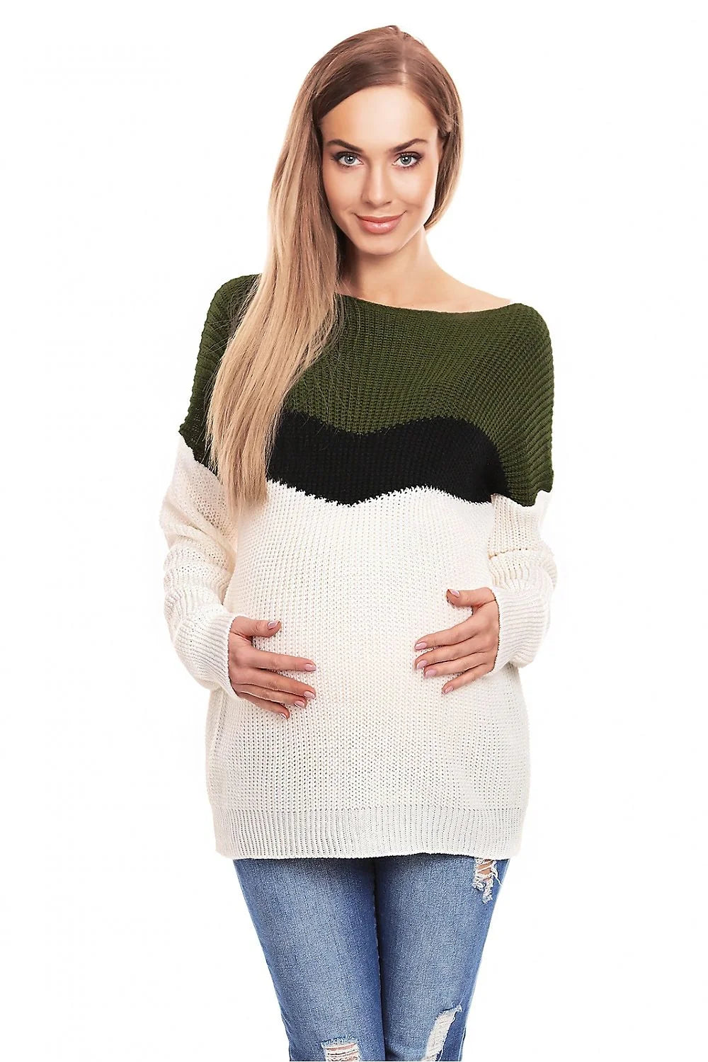 pull grossesse maternité oversize rayures horizontales colorblock bleu marine blanc gris clair col bateau manches longues maille épaisse