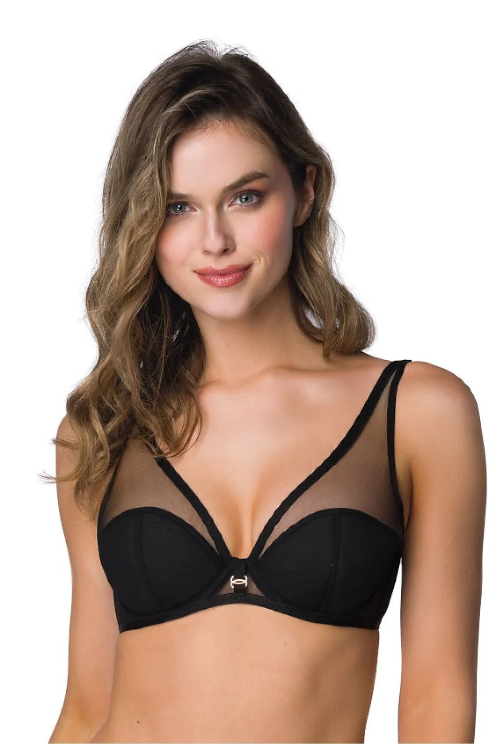 Soutien-gorge noir Esme style plongeant moulant armatures bretelles ajustables mesh élégant femme mode lingerie