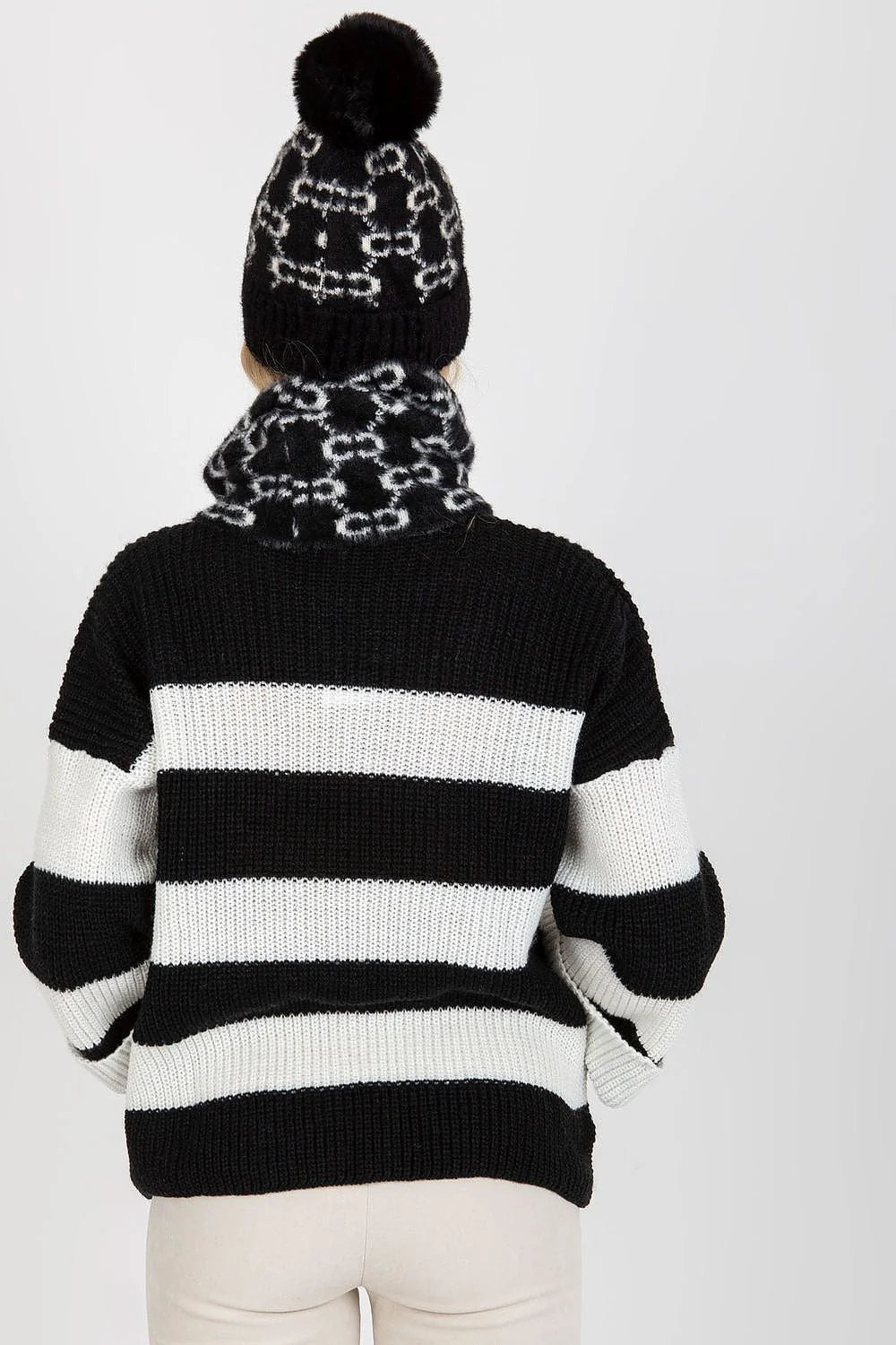 Ensemble hiver pour femme pull bonnet écharpe motif rayures animalier acrylique 100% chaleur confort
