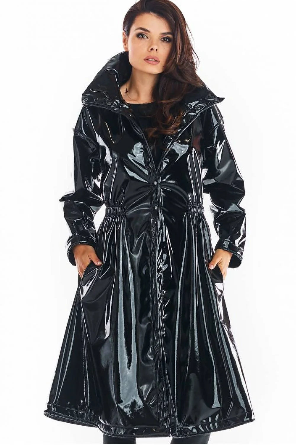 Manteau long vinyle femmes audacieux moderne coupe ample col montant noir rouge confortable