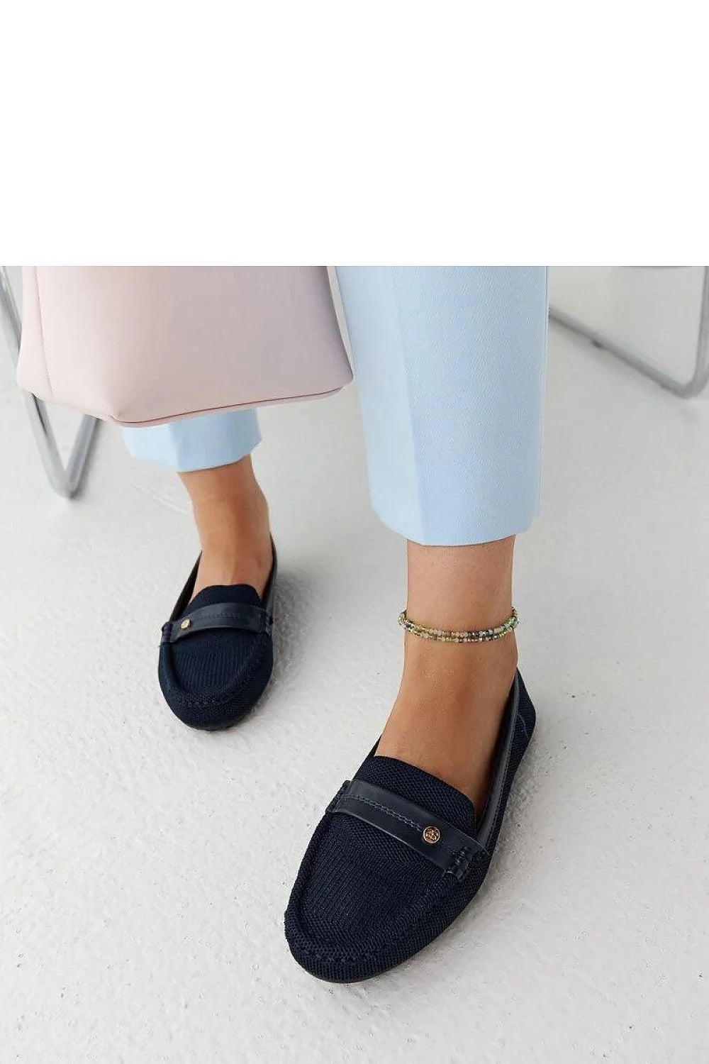 moccasins femme bleu marine maille textile liseré cuir synthétique penny bout arrondi coutures apparentes semelle caoutchouc antidérapante confortable