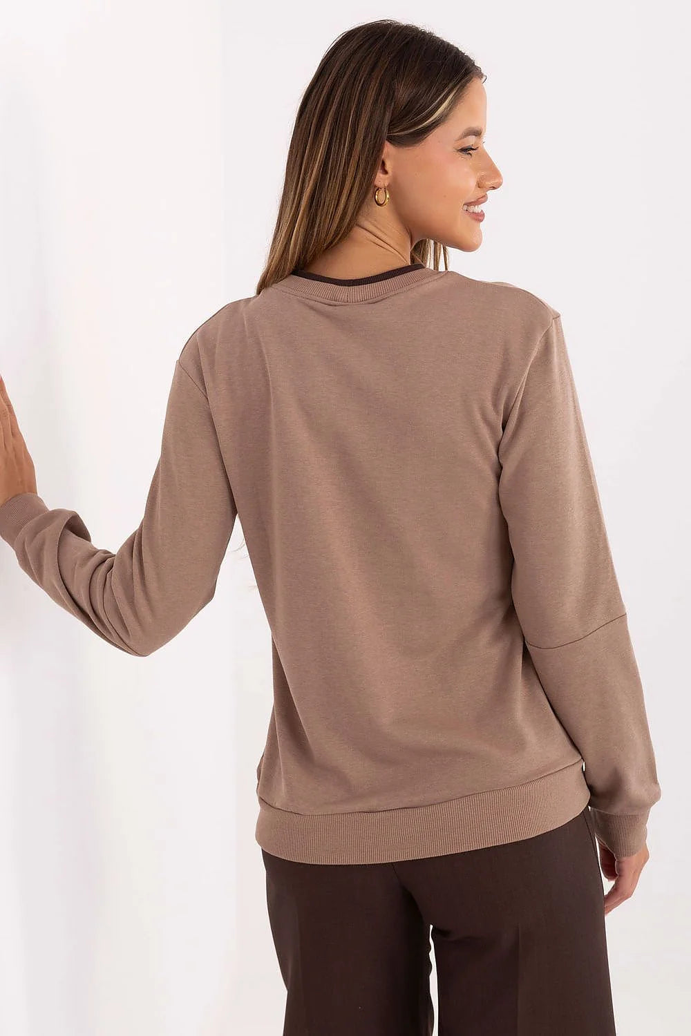 sweatshirt femme casual col rond manches longues coupe décontractée taupe molletonné doux côtelés poignets ourlet broderies subtiles écusson poitrine