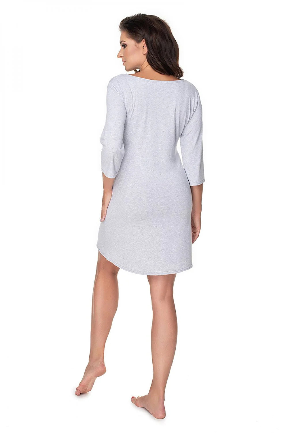 Chemise de nuit maternité coton col en V gris manches trois-quarts confort pour sommeil paisible