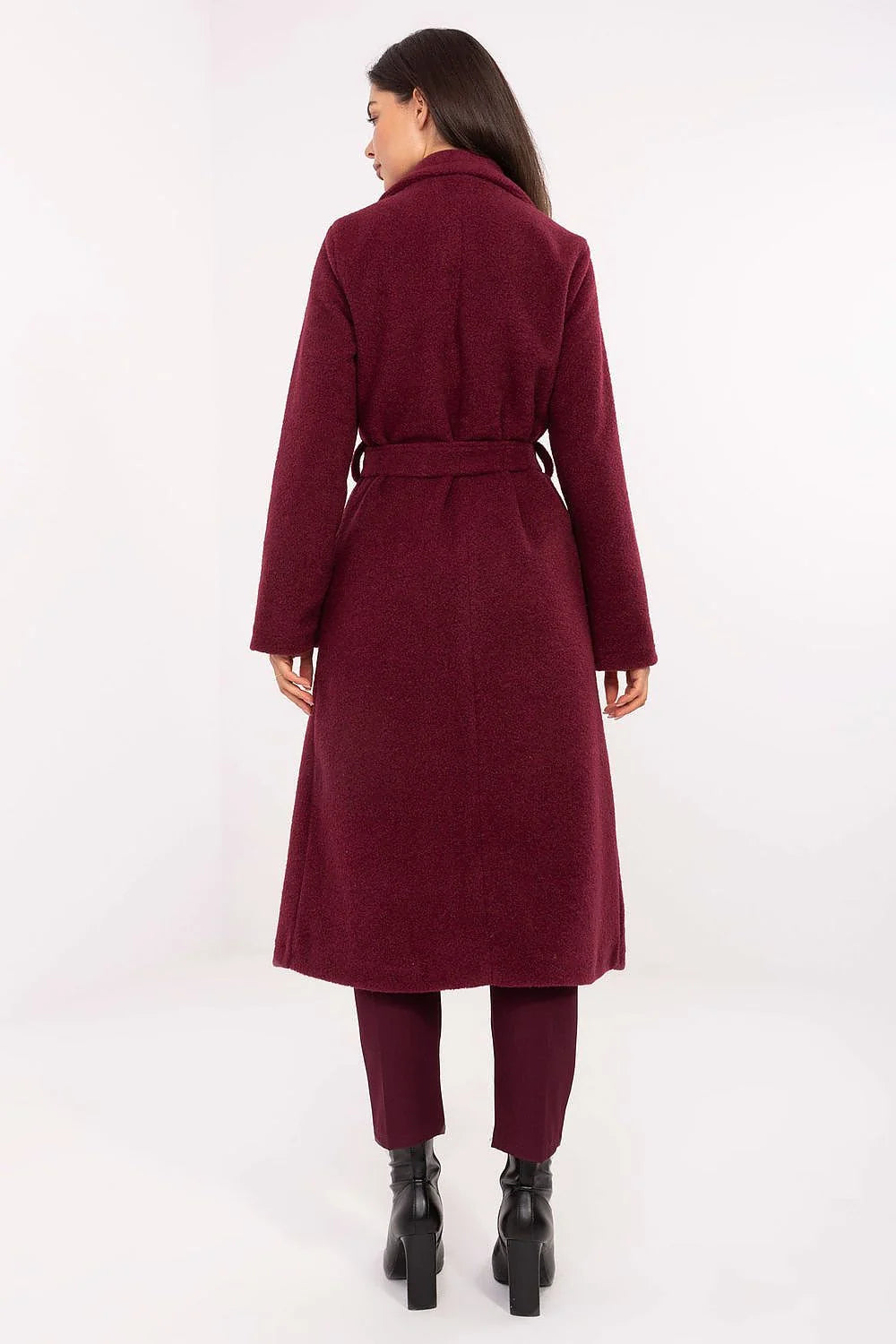 manteau long ceinturé femme bordeaux bouclé polyester col tailleur manches longues coupe droite double boutonnage ceinture nouée poches latérales discrètes