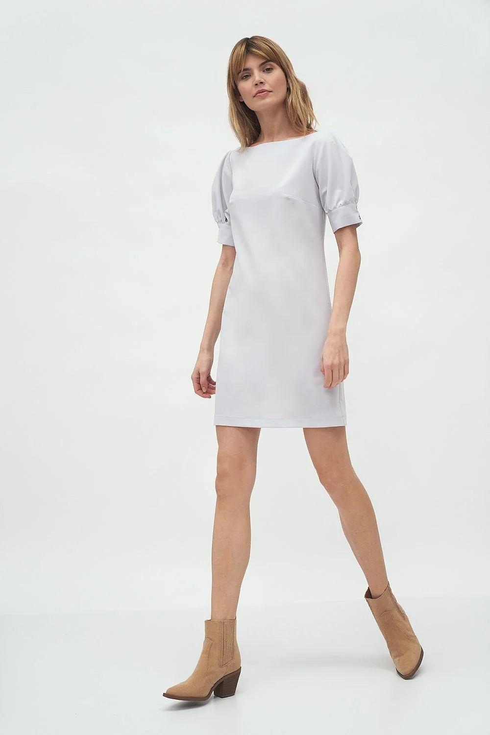 Robe élégante femme en polyester viscose manches trois-quarts encolure bateau occasion semi-formelle chic