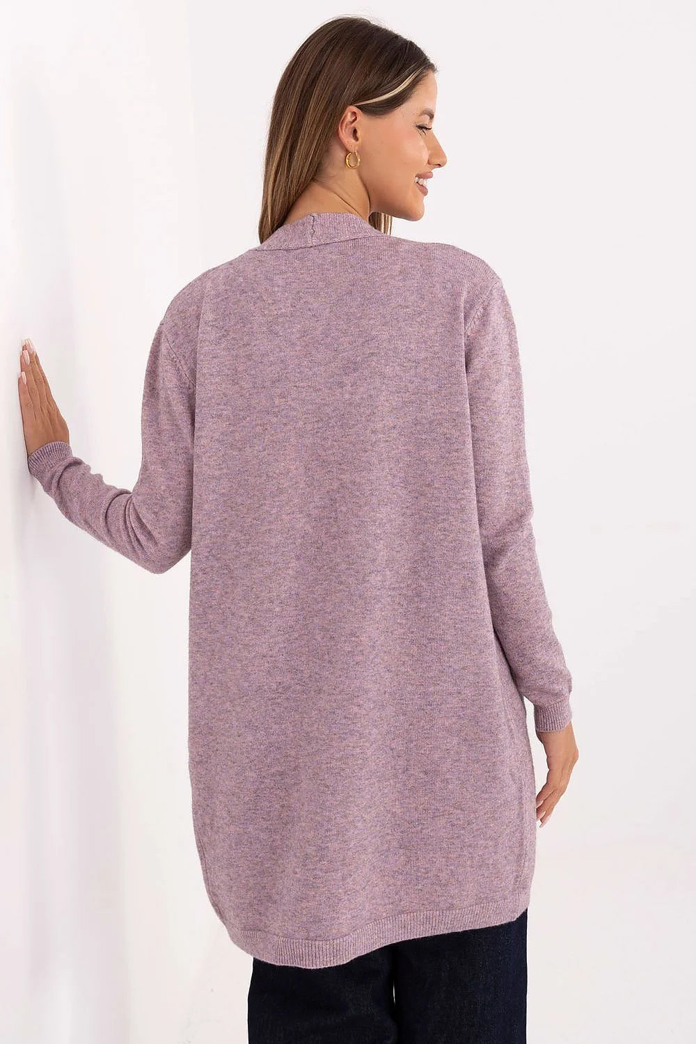 cardigan femme long mi cuisses lilas chiné maille douce légère viscose modal nylon manches longues poches plaquées bords côtelés ouvert