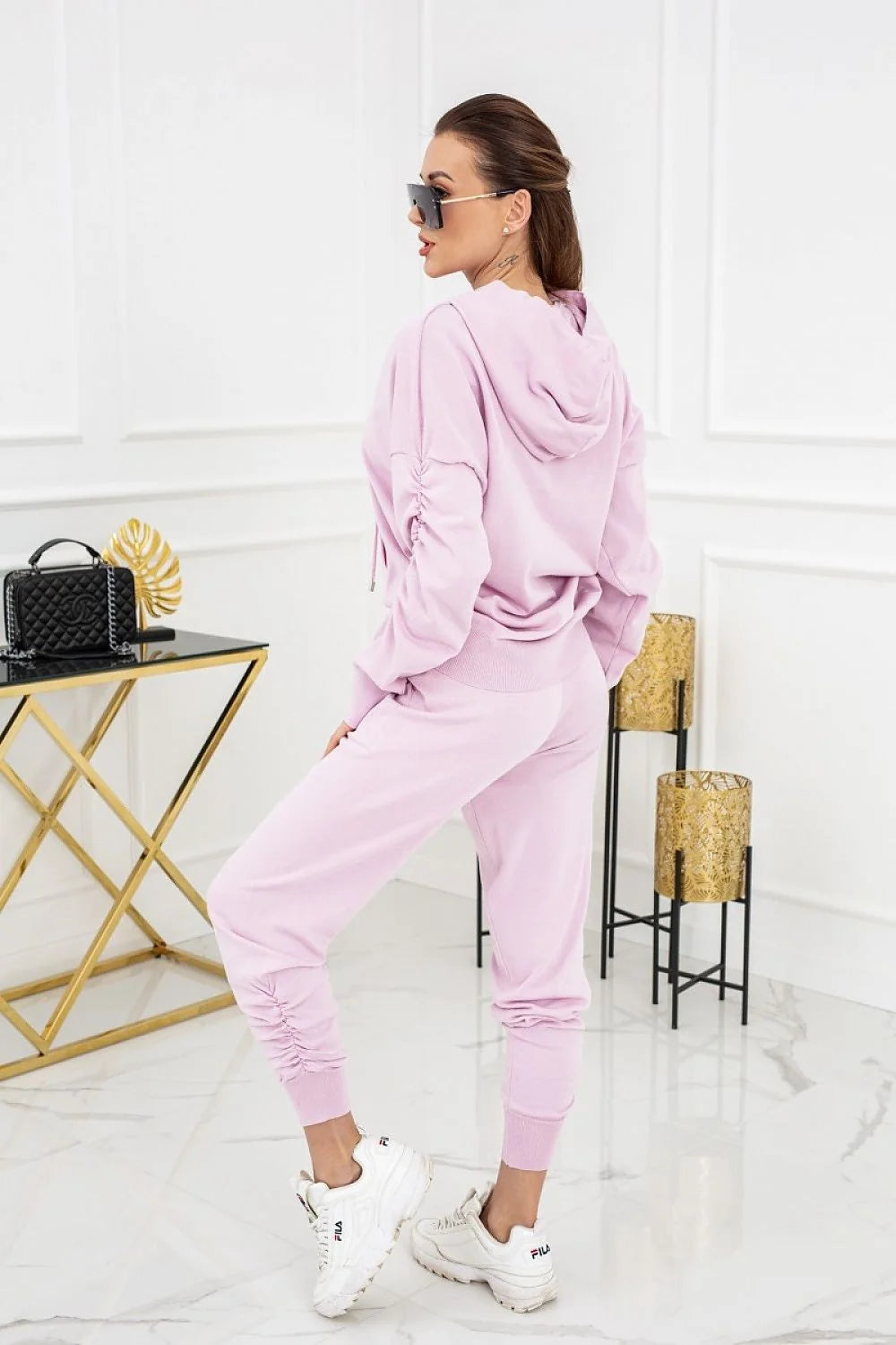 Ensemble survêtement féminin Vittoria Ventini rose pastel sweat à capuche pantalon fuselé