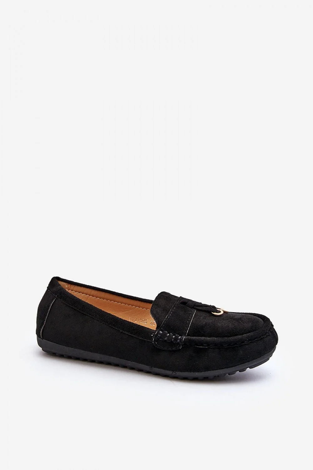 Moccasins pour femme style classique en suédine noire confortable et sophistiquée avec semelle caoutchouc et détails métalliques dorés