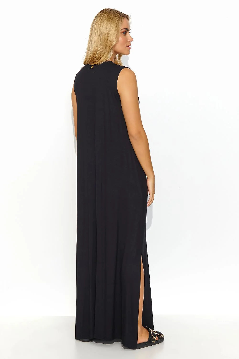 Robe de jour élégante longue ample fentes en bas encolure en V sans manches femme