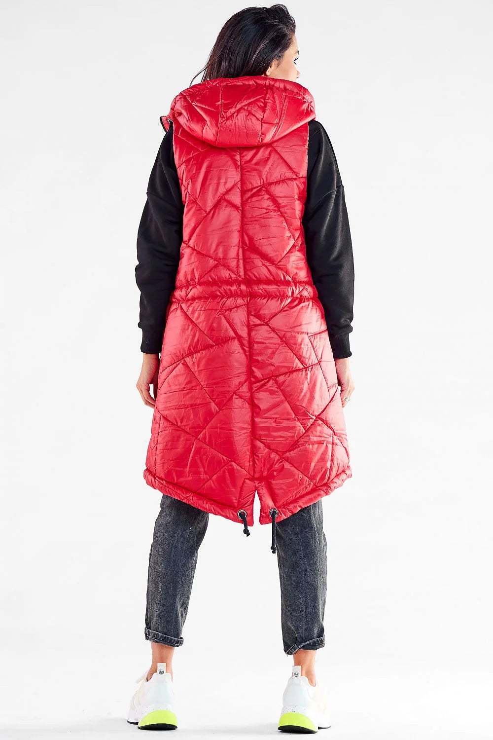 Gilet longue ligne épurée matelassé rouge femme automne hiver polyester 100% capuche cordon serrage poches