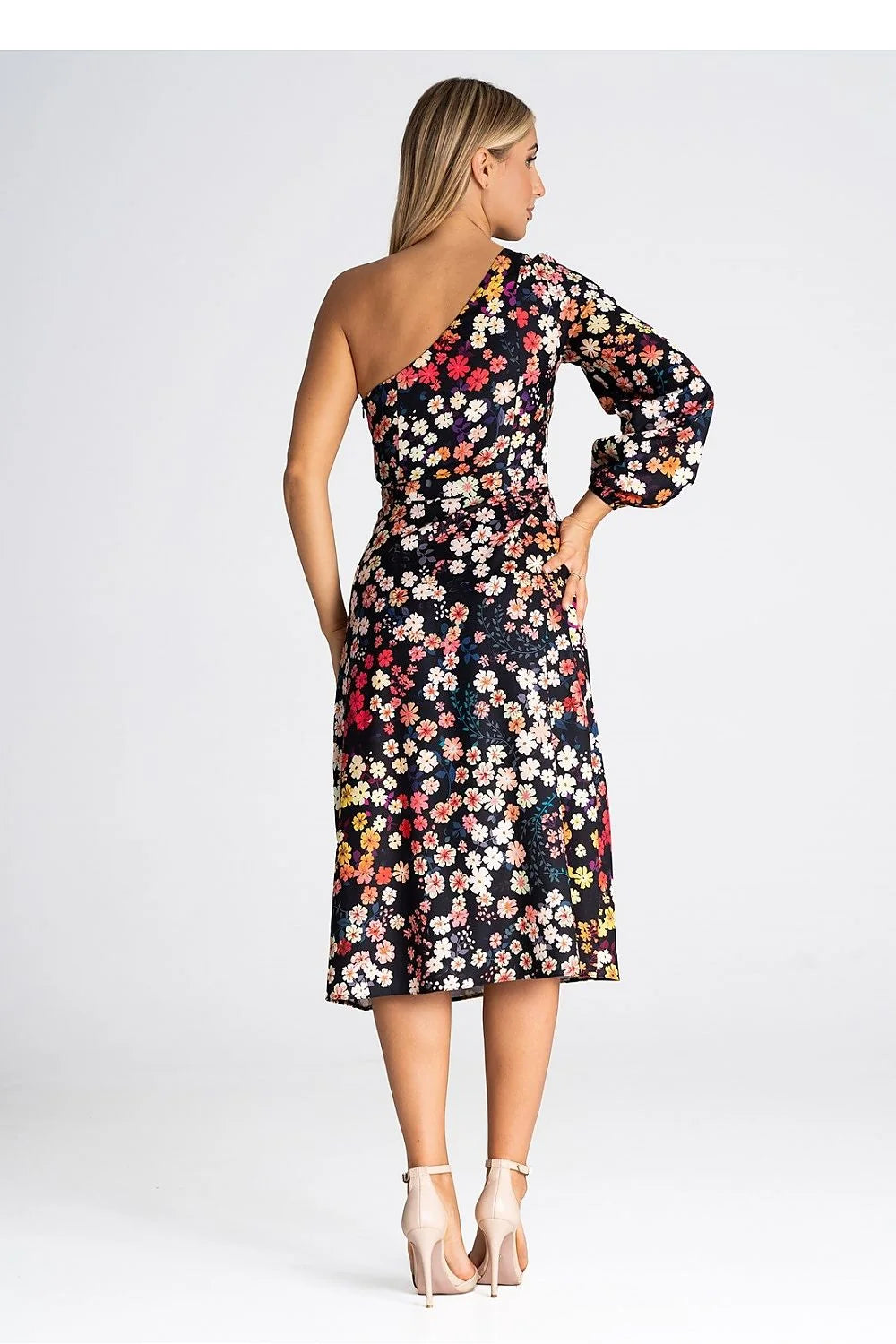 Robe cocktail asymétrique une épaule imprimé floral multicolore femme taille ajustée polyester elasthanne soirée élégance