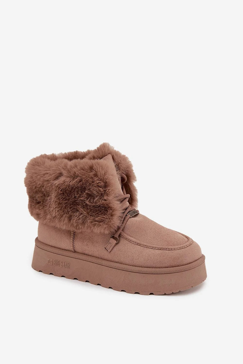 bottines fourrées femme suédine synthétique marron taupe plateforme crantée antidérapante semelle épaisse doublure fausse fourrure laçage décoratif Big Star