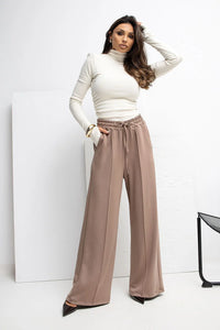 pantalon palazzo femme taupe taillehaute élastique cordon largesjambes pliscentraux pocheslatérales longueurlongue tissufluide structuré viscose élasthanne respirant extensible minimal chic confortable