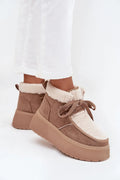 bottes neige femme suédine douce enfilables lacets larges doublure fourrure chaleureuses confortables plateforme épaisse semelle crantée camel sherpa écru élégantes
