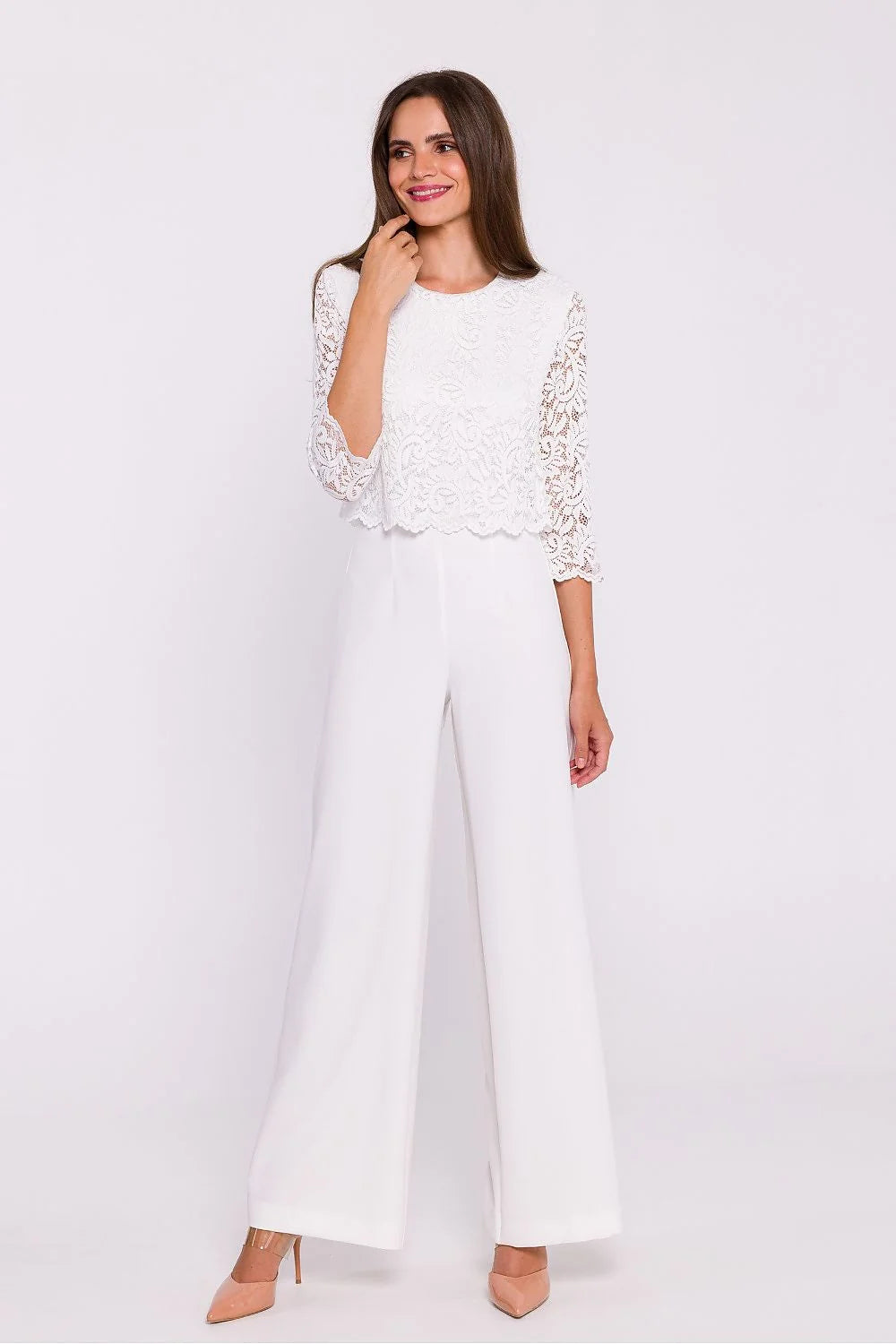 Combinaison élégante pour femme en dentelle blanche tissu uni coupe cintrée manches trois-quarts tailleur高腰 pantalon large occasion formelle mariage réception