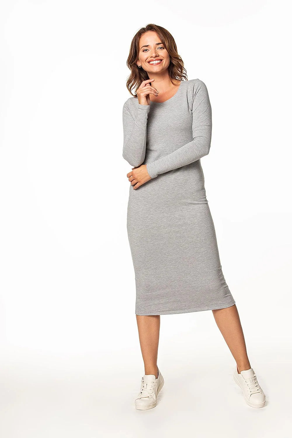 robe longue ajustée simple tricot coton polyester jersey extensible douce respirante encolure bateau manches longues gris chiné
