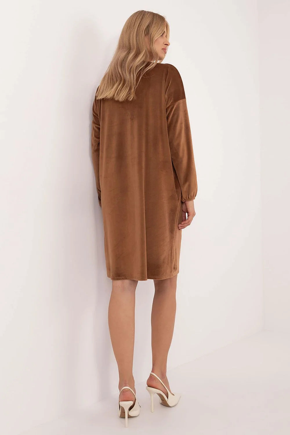 Robe de jour en velours Italy Moda à col en V profond, fronces, nœud papillon, manches longues bouffantes, finitions luxueuses pour femmes
