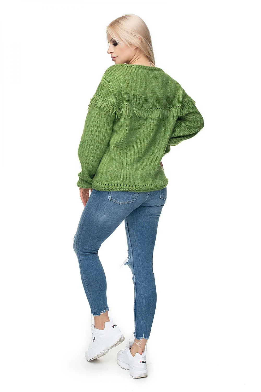 Pull Pee Ka Boo pour femme en maille épaisse couleur framboise vibrante coupe ample manches longues franges décoratives