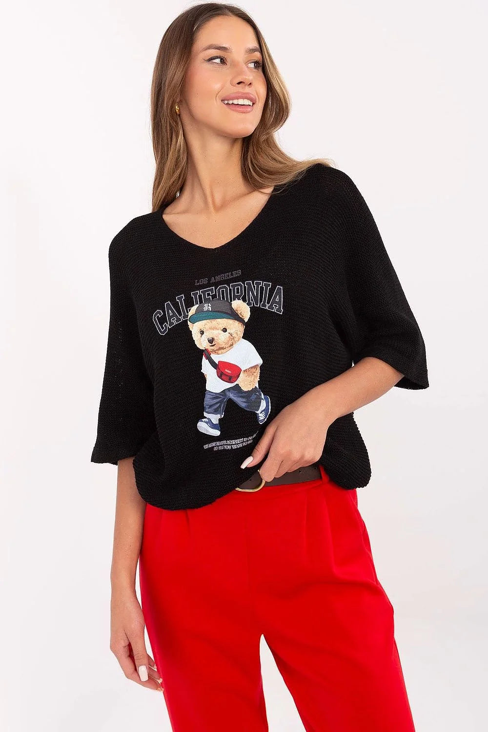 Pull femme mode Chandail Italy Moda graphique ours California Los Angeles coton acrylique manches courtes encolure V haut décontracté