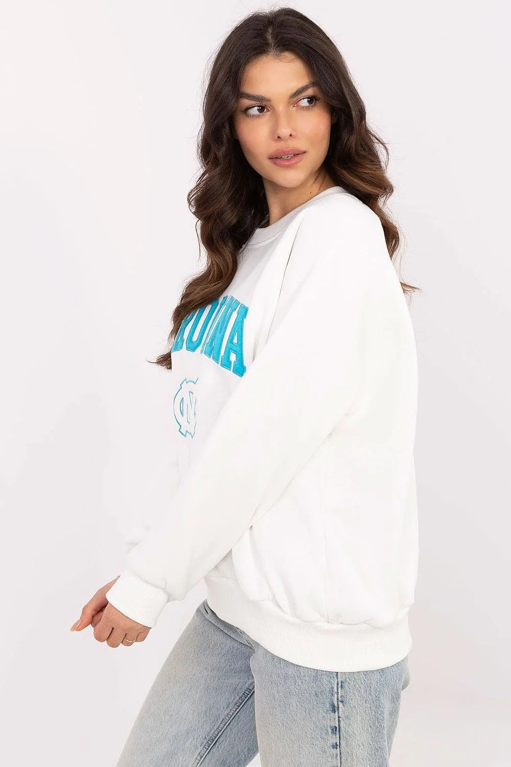Sweatshirt Femme Casual Sportif Blanc Turquoise Logo Carolina Coton Polyester Relâché Col Rond Manches Longues Confort