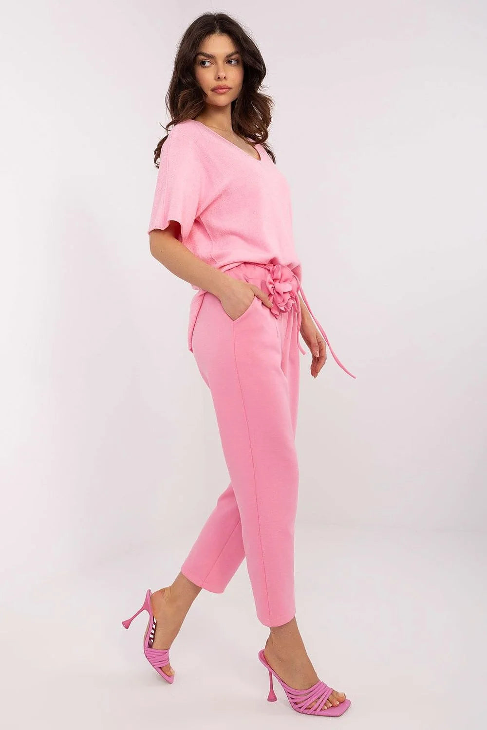 Ensemble femme moderne chic couleur rose vif tissu doux élasthanne coton sans manches V-neck taille haute élastique sandales roses