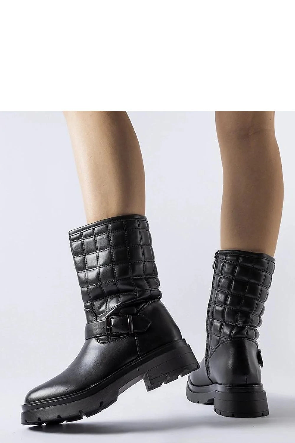 Bottes mi-hautes pour femmes design audacieux style urbain matelassé couleur noire fermeture éclair semelle antidérapante